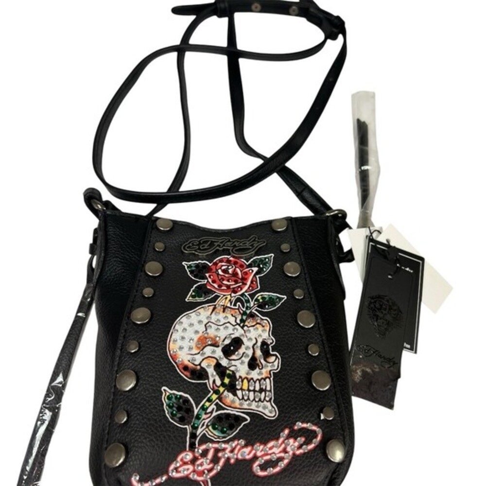 Ed Hardy Crossbody Bag Womens Mini Black Skull Rose Studded Rhinestone 6x6